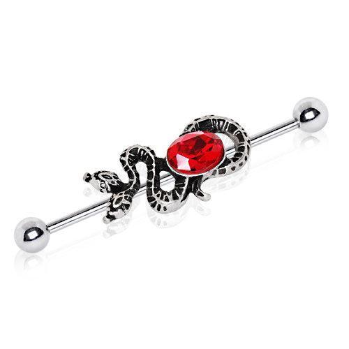 Two-Headed Snake Ruby Red CZ Industrial Barbell - 1 Piece