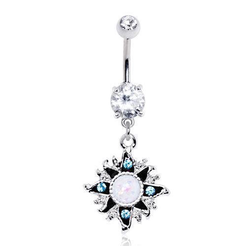 Belly Ring - Dangle 316L Stainless Steel White Opal Sunburst Navel Ring -Rebel Bod-RebelBod