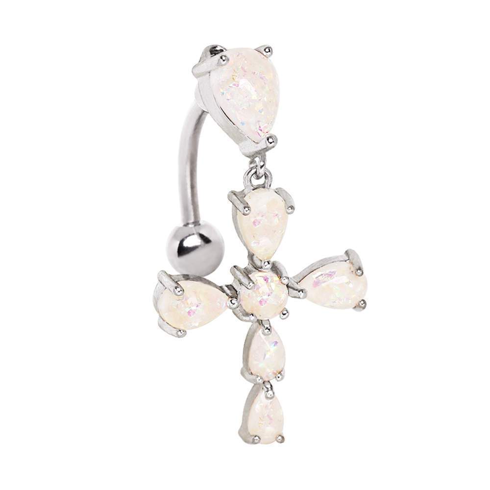 White Synthetic Opal Cross Top Down Navel Ring