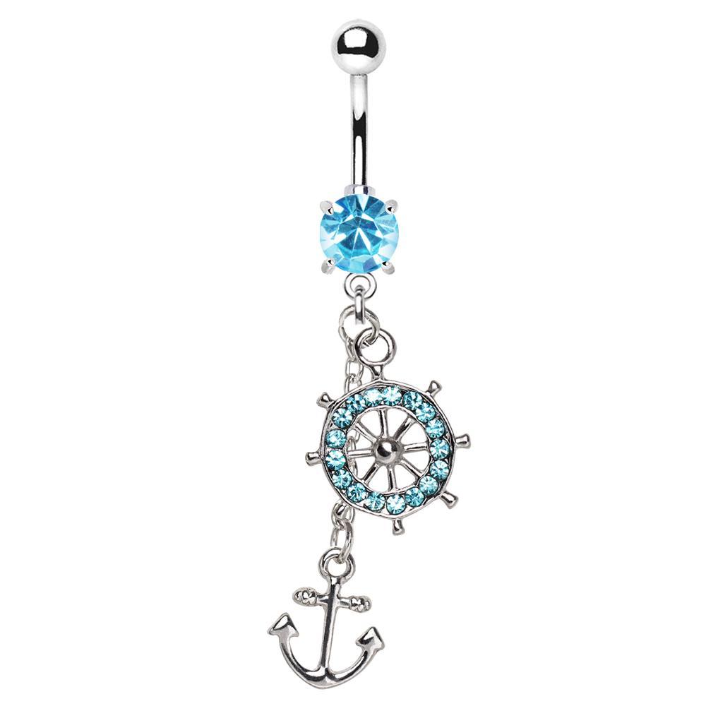 Aqua Ship Wheel Anchor Dangle Navel Ring