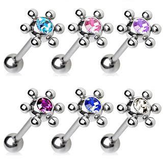Tongue Barbells 316L Surgical Steel Barbell w/One Ball Gem Fitted w/6 Steel Balls -Rebel Bod-RebelBod