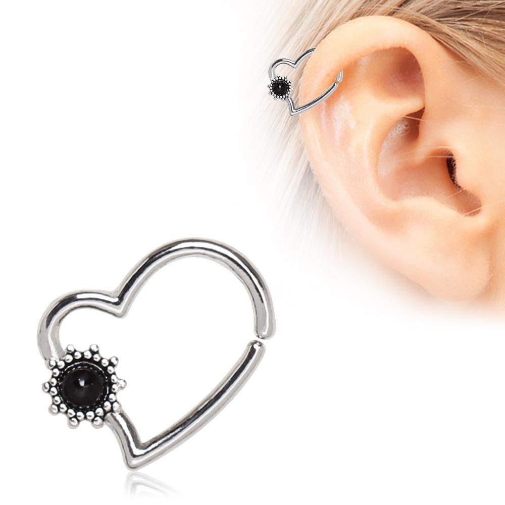 Black Flower Heart Annealed Cartilage Earring Bendable Ring - 1 Piece