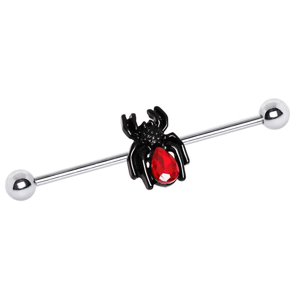 Black Spider Red CZ Industrial Barbell - 1 Piece