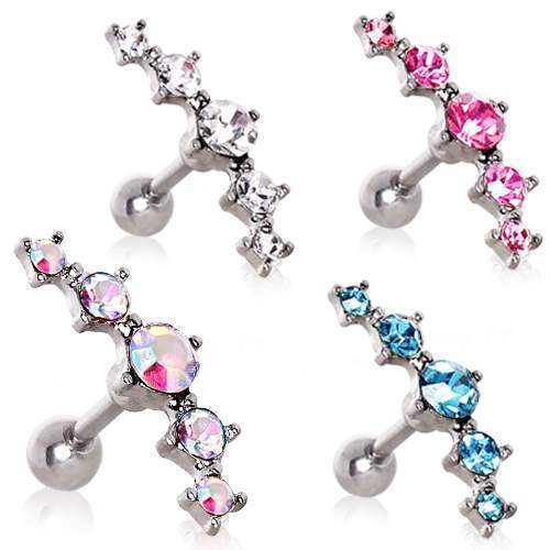 Curved Five CZ Cartilage Barbell Earring 1 Piece Rebel Bod