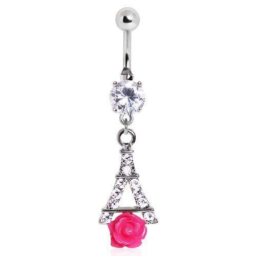 CZ Navel Ring Eiffel Tower and Rose Charm Dangle