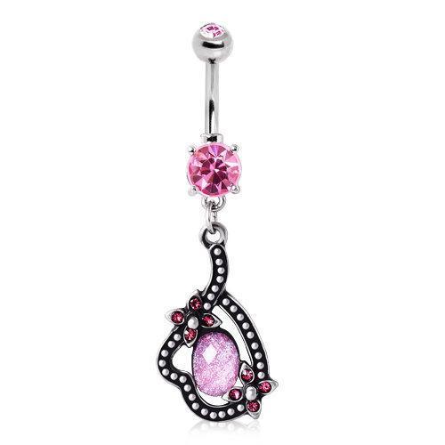 Floral Path Dangle Navel Ring Pink Synthetic Opal and Gems