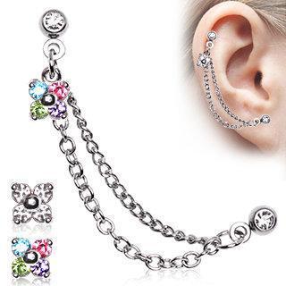 Flower CZ Helix Chain Earring Double Chained Cartilage Earring - 1 Piece