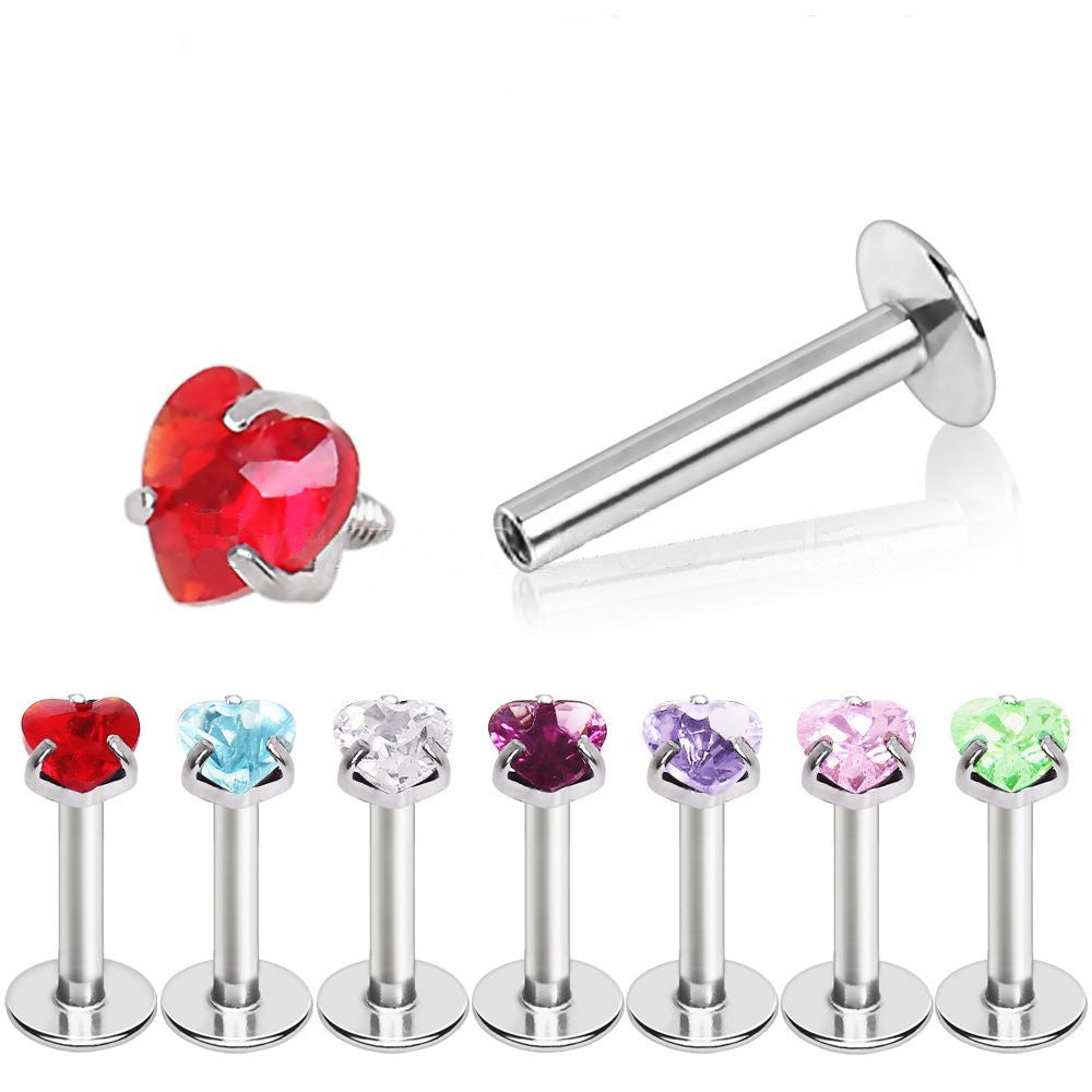 Internally Threaded Labret Prong Set Heart Gem Top - Rebel Bod
