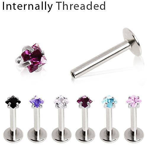 316L Surgical Steel Internally Threaded Labret w/ Prong Set Square Gem Top