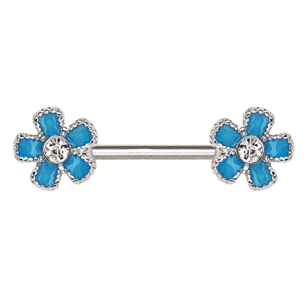 Jeweled Teal Blue Flower Nipple Barbell - 1 Piece