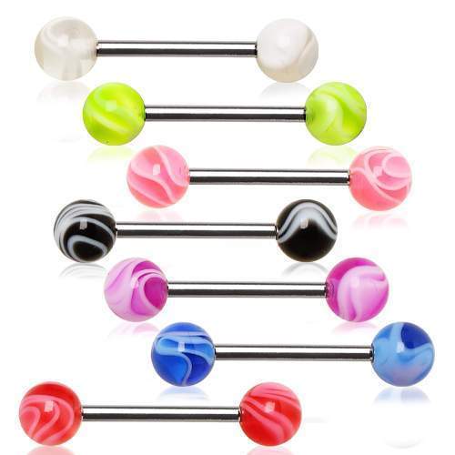 316L Surgical Steel Nipple Bar w/ UV Coated Marble Balls - 1 Piece