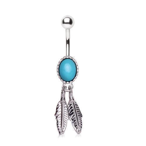 Oval Turquoise Navel Ring Metallic Feathers