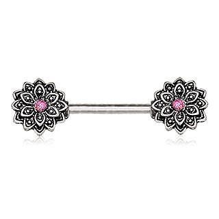 Pink Opal Lotus Flower Nipple Barbell - 1 Piece