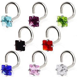 Prong Set Square CZ Screw Nose Ring