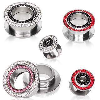 316L Surgical Steel Screw Fit Flesh Tunnel Ear Plug  w/ PVD Plated Balls and CZ Stones - 1 Piece
