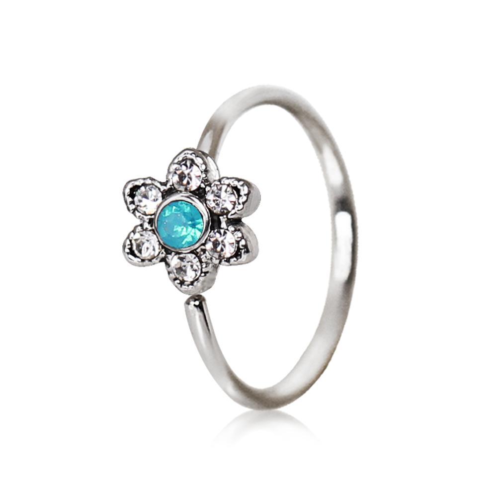 Synthetic Jeweled Aqua Flower Cartilage Earring / Nose Hoop Ring