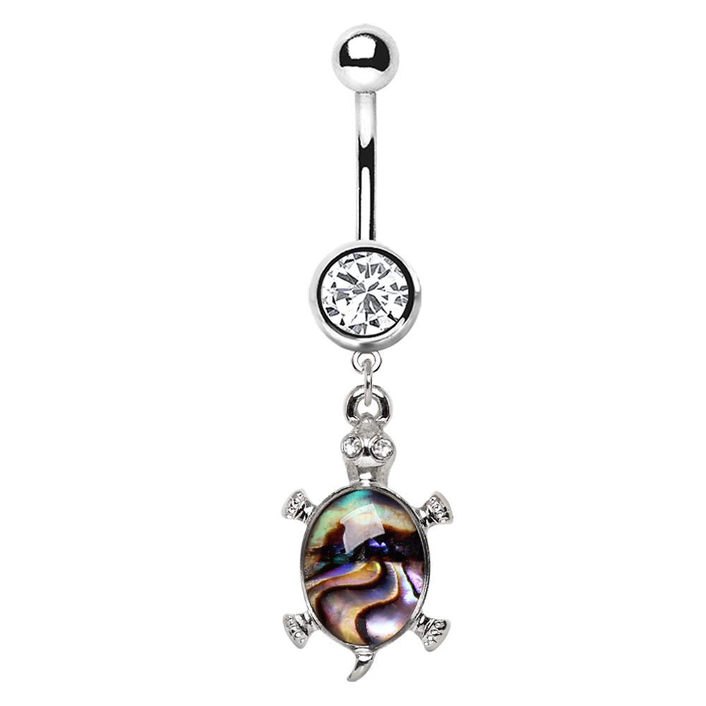 Teal Abalone Inlay Turtle Dangle Navel Ring