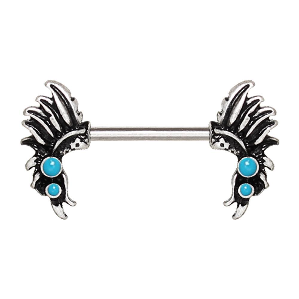 Turquoise Feather Headdress Nipple Barbell - 1 Piece
