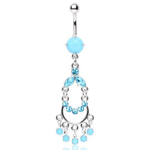 316L Surgical Turquoise Double Chandelier Dangle Belly Ring w/ Gems