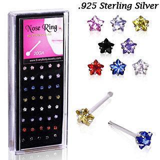 40pcs of Sterling Silver Nose Bones w/ 3mm Prong Set Star CZ in Mixed Colors - 1 Pack