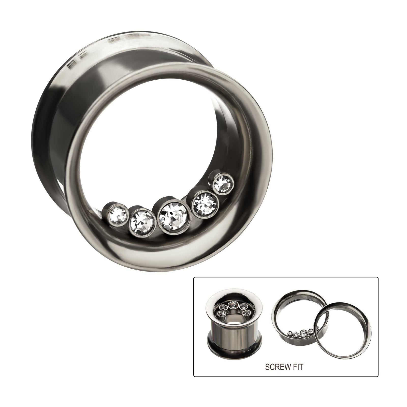 5 Bezel Clear Gems On Inner Wearable of Steel Double Flared Ear Gauge Tunnel Plugs - 1 Pair
