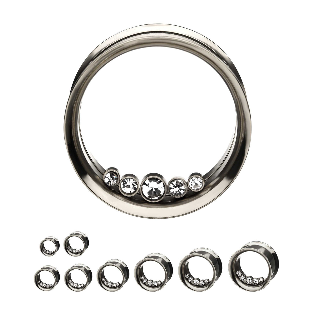 5 Bezel Clear Gems On Inner Wearable of Steel Double Flared Ear Gauge Tunnel Plugs - 1 Pair