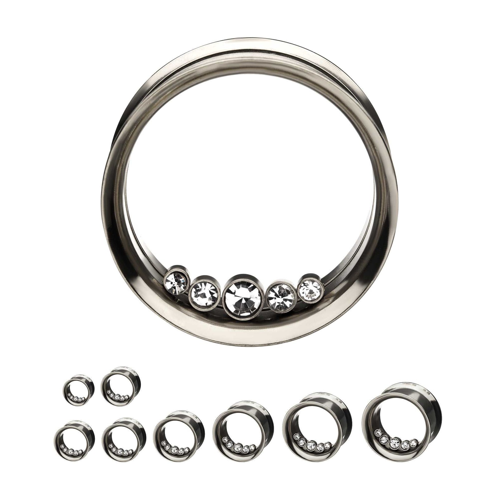 5 Bezel Clear Gems On Inner Wearable of Steel Double Flared Ear Gauge Tunnel Plugs - 1 Pair