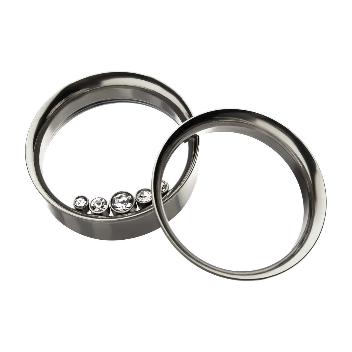 5 Bezel Clear Gems On Inner Wearable of Steel Double Flared Ear Gauge Tunnel Plugs - 1 Pair