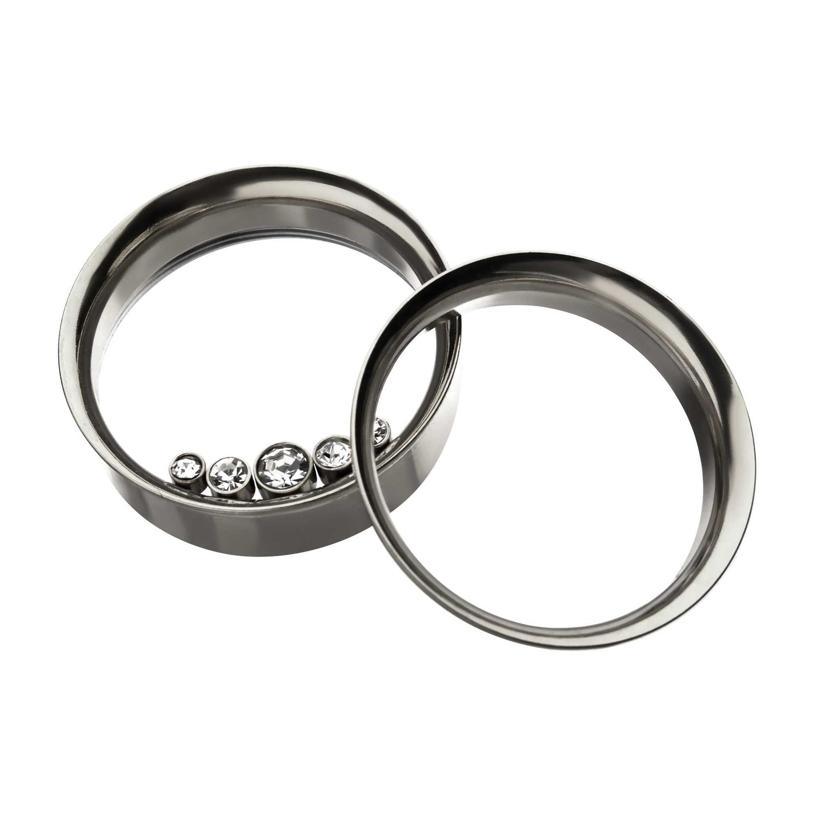 5 Bezel Clear Gems On Inner Wearable of Steel Double Flared Ear Gauge Tunnel Plugs - 1 Pair
