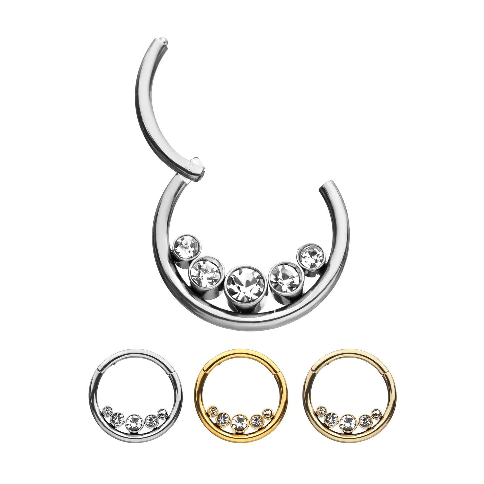 5 Bezel Set Inner Clear CZ Gem Clicker Hinged Segment Ring