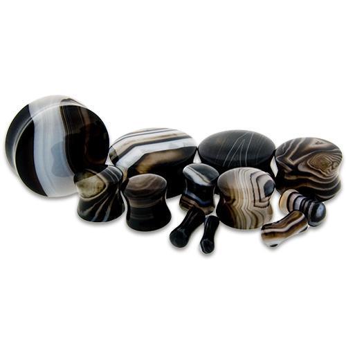 All Natural Black Line Agate Stone Double Flare Plugs - 1 Pair