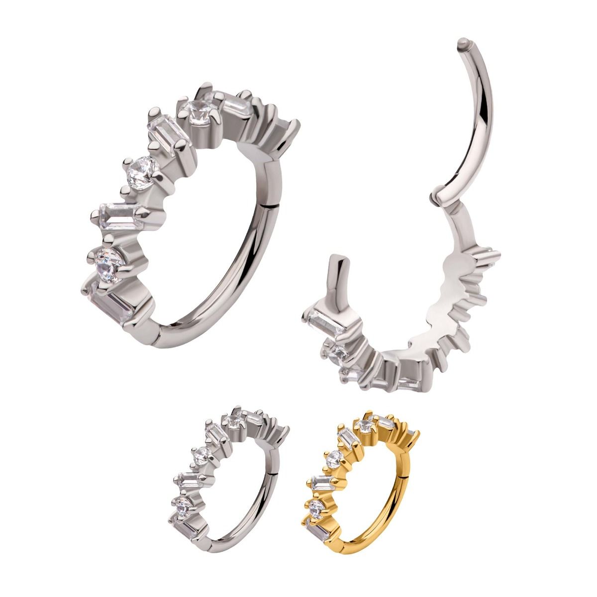SEAMLESS CLICKER Alternating Baguette Round Prong Set Clear CZ Clustered Side Facing Hinged Segment Clicker -Rebel Bod-RebelBod