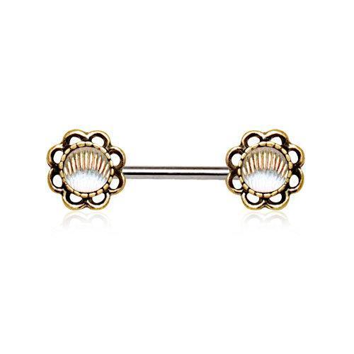 Antique Gold Seashell Flower Nipple Barbell - 1 Piece