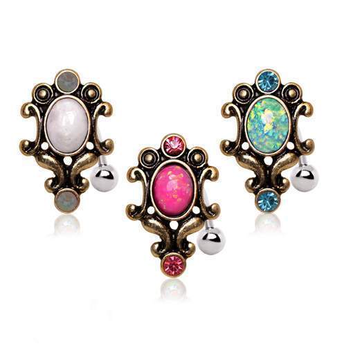 Antique Gold Plated Synthetic Opal Hinged Top Down Navel Ring