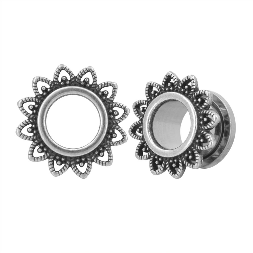 Plugs Antiqued Silver Filigree Flower Steel Screw Fit Tunnel Plug ps2003at -Rebel Bod-RebelBod