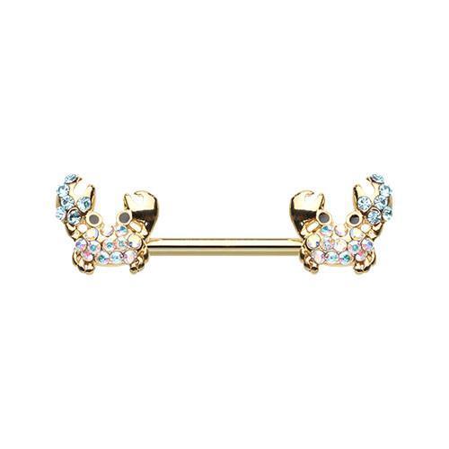 Aqua/Aurora Borealis Golden Posh Sea Crab Nipple Barbell - 1 Piece