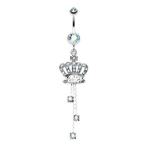 Aqua/Aurora Borealis Royal Crown Sparkle Dangle Belly Ring