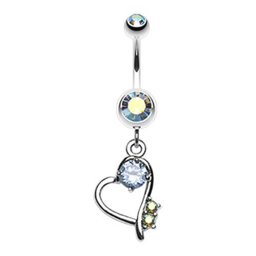 Aqua/Aurora Borealis Sparkling Stone in Heart Dangle Belly Ring