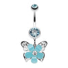 Aqua Glittered Flower Butterfly Belly Button Ring