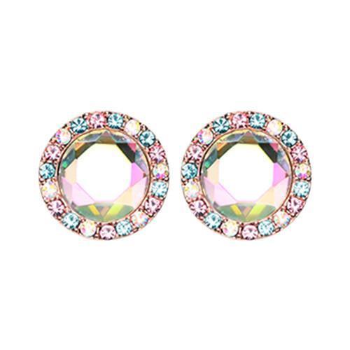 Aqua/Light Pink/Aurora Borealis Rose Gold Round Crown Faceted Jeweled Combo Ear Stud Earrings - 1 Pair