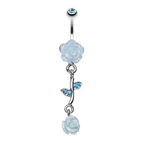 Aqua Shimmering Rose Vine Belly Button Ring