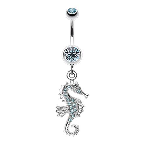 Aqua Sparkling Seahorse Dangle Belly Button Ring