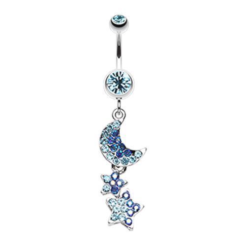 Aqua Star and Moon Lit Sky Belly Button Ring