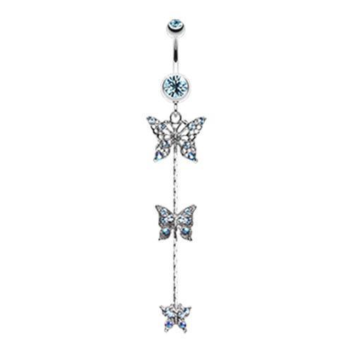 Aqua Triple Butterfly Sparkle Belly Button Ring