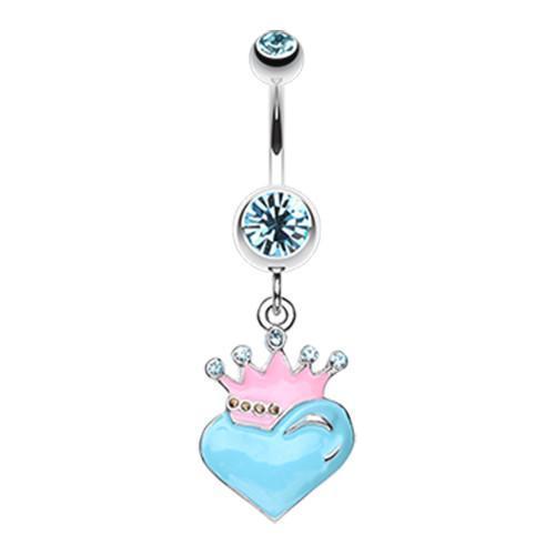 Aqua Vibrant Crowned Heart Sparkle Belly Button Ring