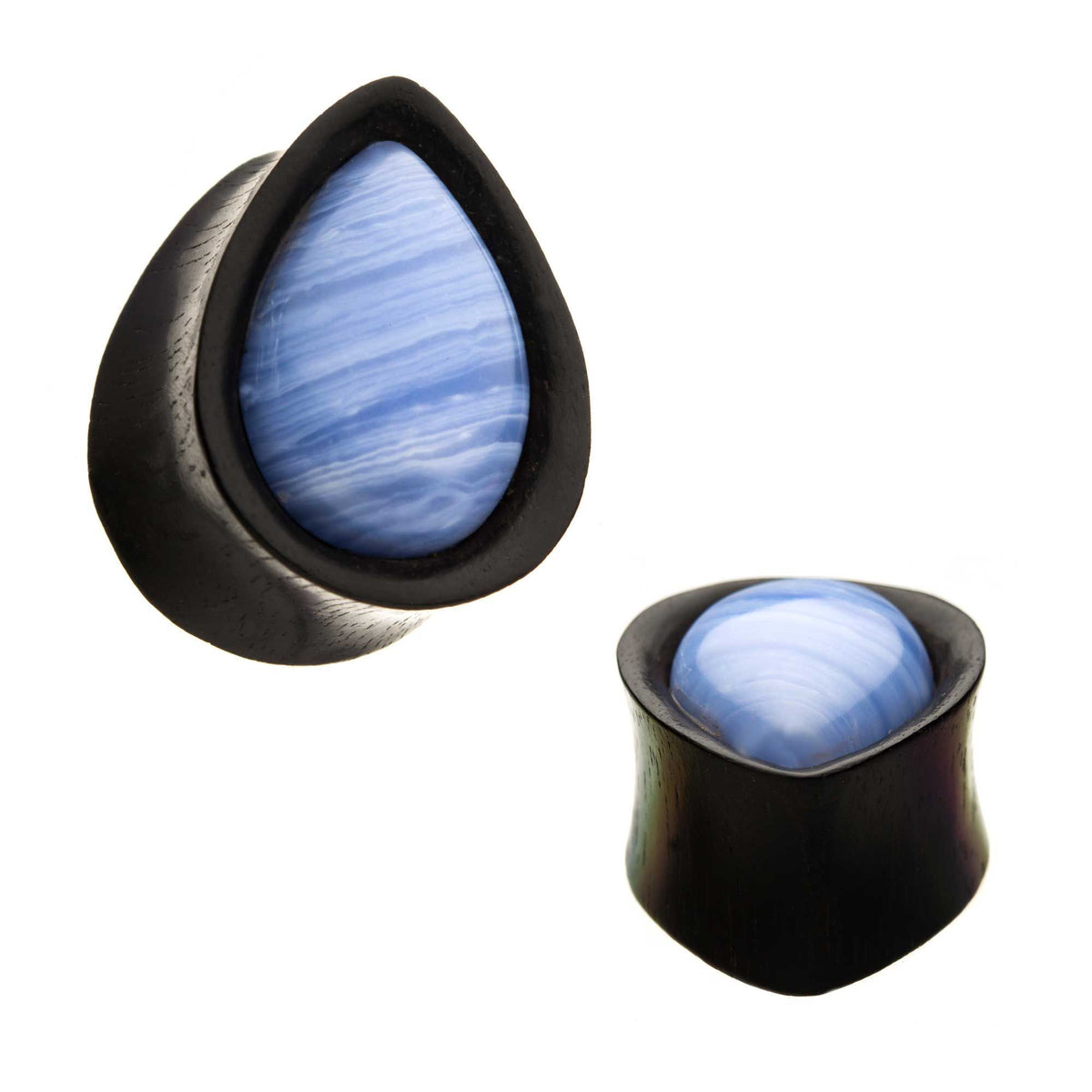 Arang Wood w/ Blue Lace Agate Stone Teardrop Plugs - 1 Pair sbvwpltb