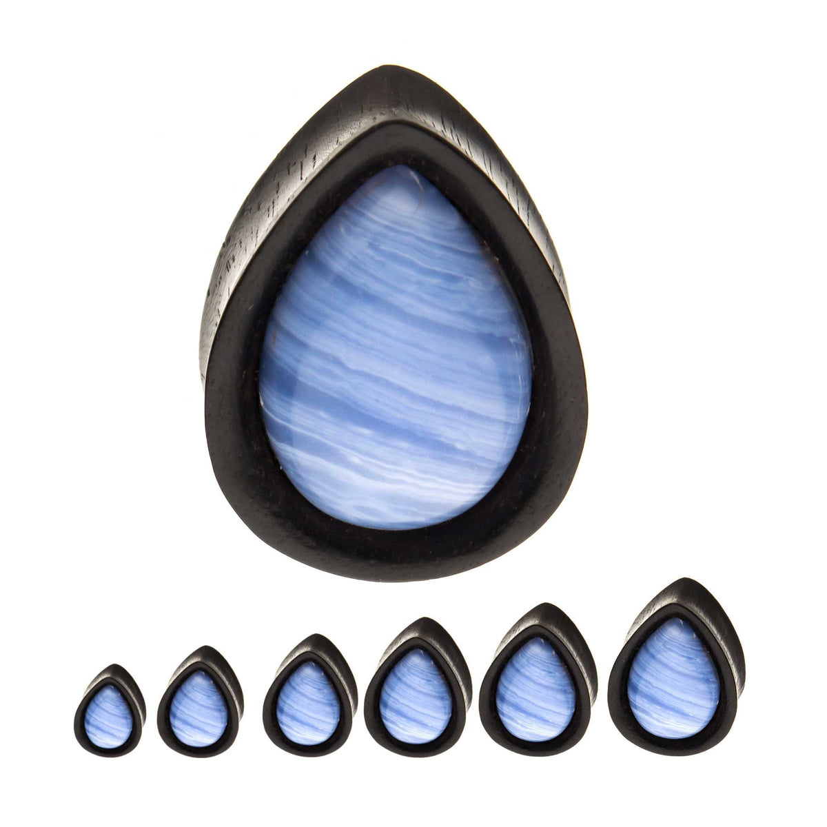 Arang Wood w/ Blue Lace Agate Stone Teardrop Plugs - 1 Pair sbvwpltb