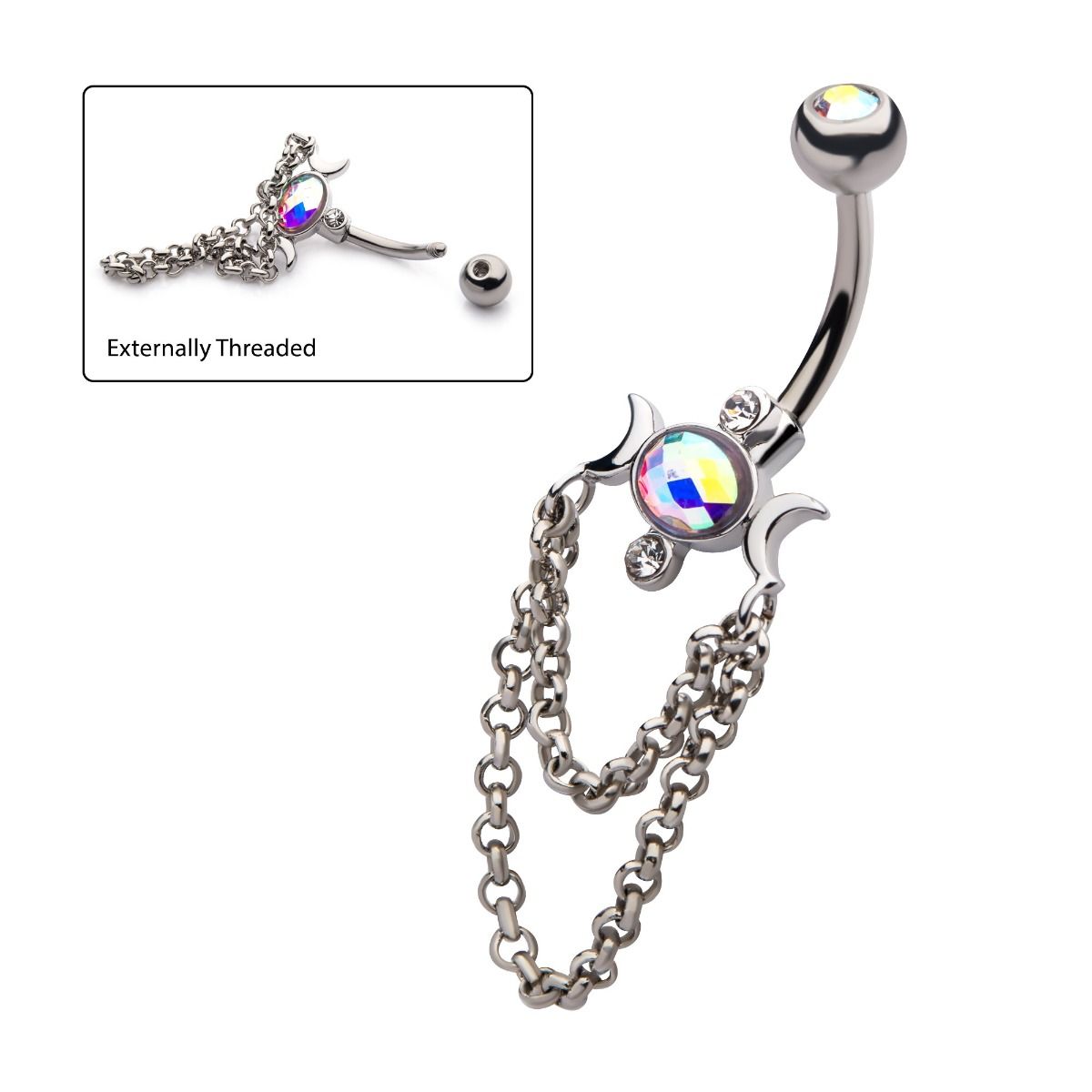 TBD-Belly Aurora Borealis CZ Dangle Chains Crescent Moon Navel -Rebel Bod-RebelBod