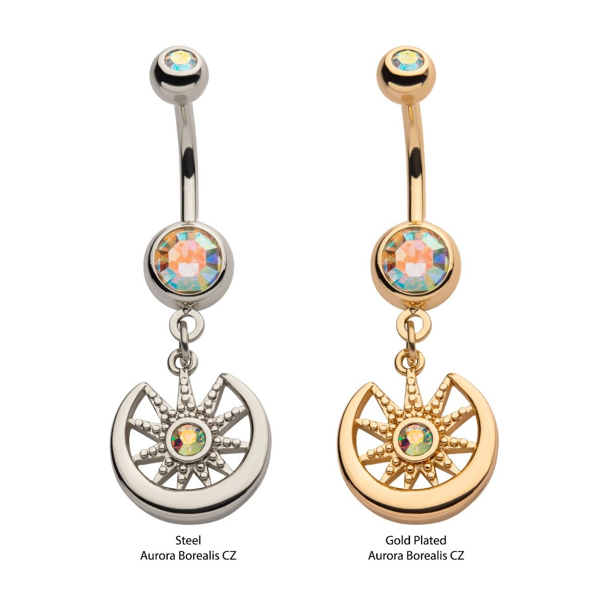 TBD-Belly Aurora Borealis CZ Moon Sunburst Dangle Navel -Rebel Bod-RebelBod