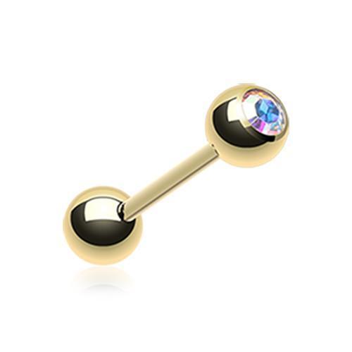 Aurora Borealis Gold Plated Gem Ball Barbell Tongue Ring